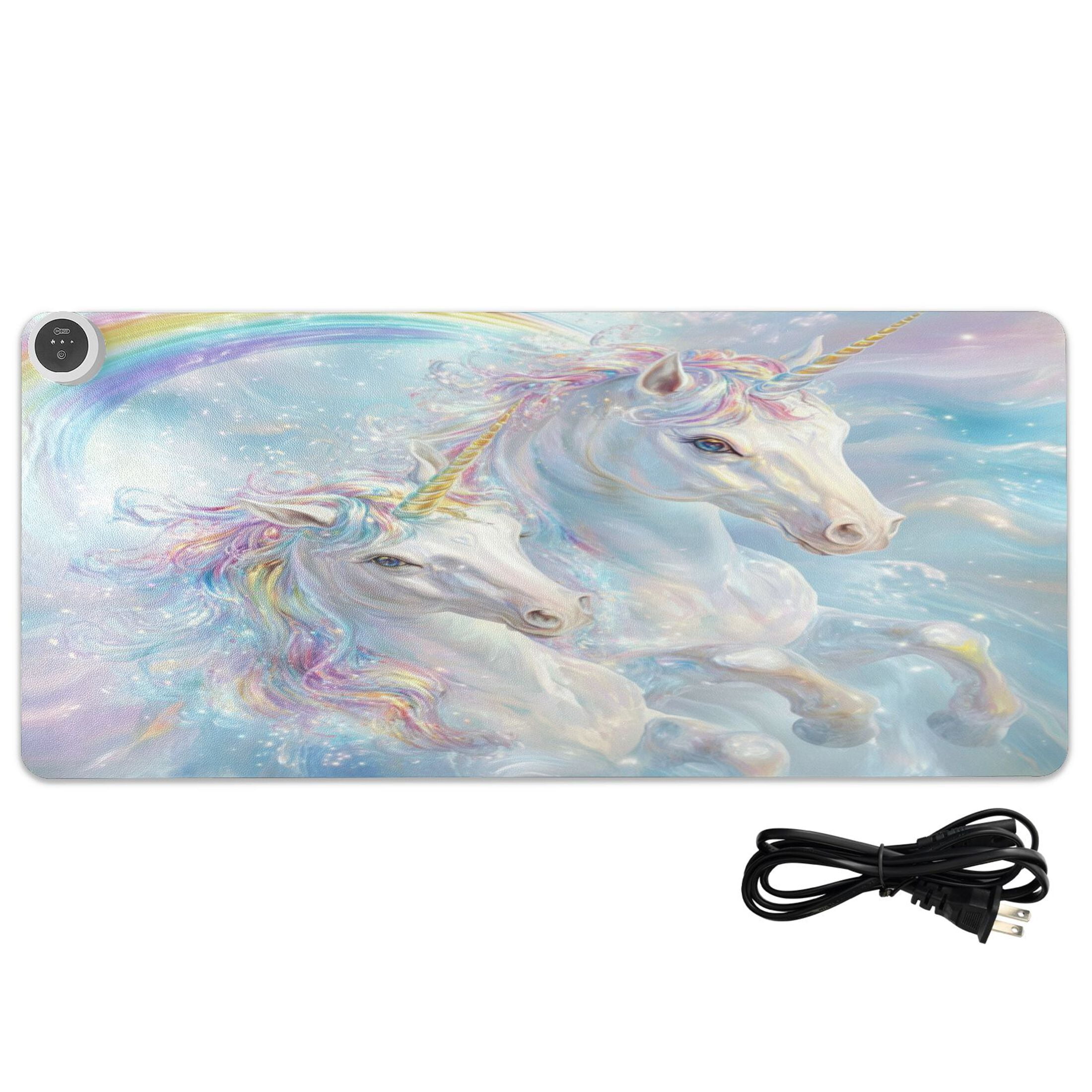 Wobogo Rainbow Unicorns Heated Mouse Pad Extra-Large Desk Mat With 3 Heating Levels and 3-hour Auto Shut-Off Protection Ideal for Computer Keyboards Home Office Hand-warming Essential 31.5in × 13in