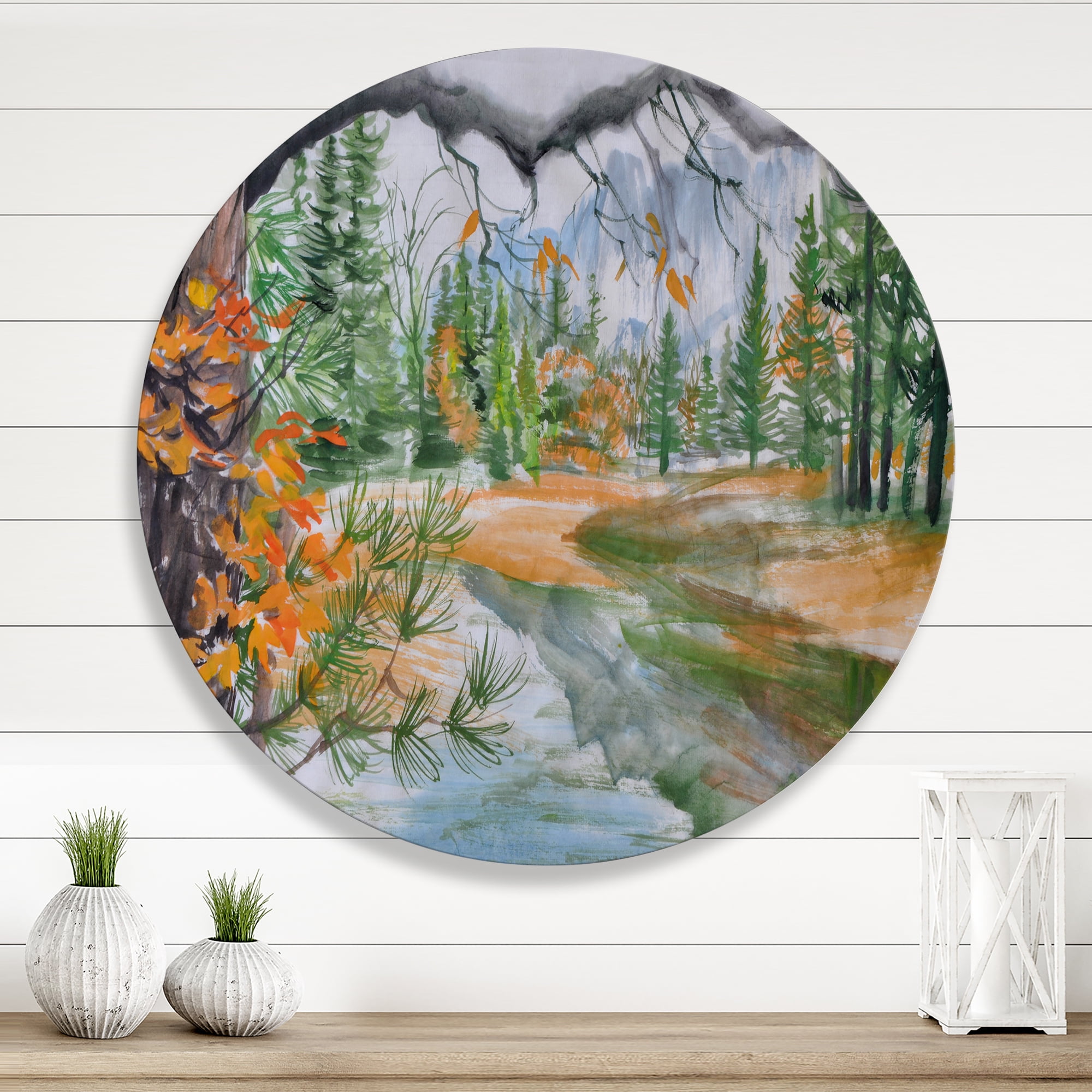 Designart 'Trees With River In Autumn Forest' Lake House Circle Metal Wall Art 23x23 - Disc of 23
