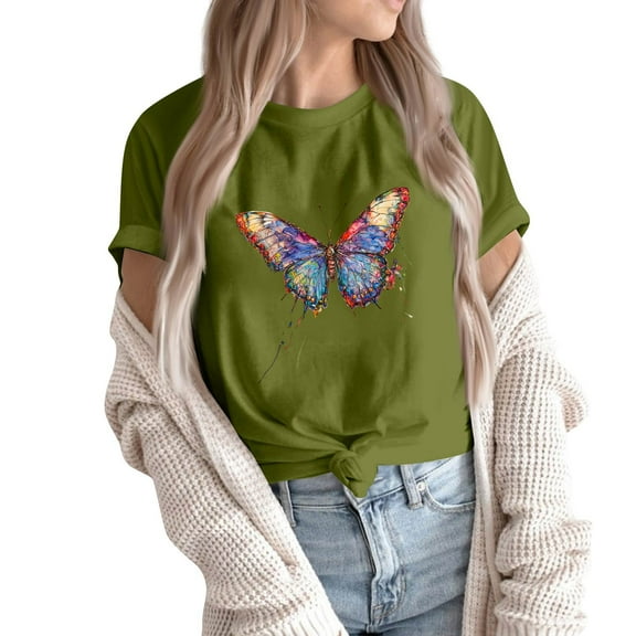 NAMTYQX Short Sleeve Blouses for Women Light Airoft Print Casual Short Sleeve Plus Size Bedruckt Baggy Crew Neck Basic Tees for Women Army Green Size 2XL