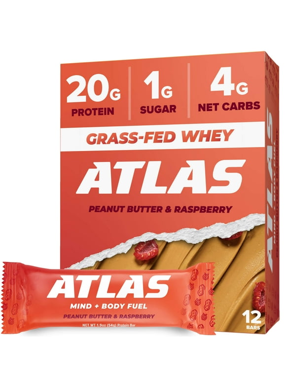 Atlas Protein Bar, 20g Protein, 1g Sugar, Clean Ingredients, Gluten Free, Peanut Butter Raspberry, 12 Count