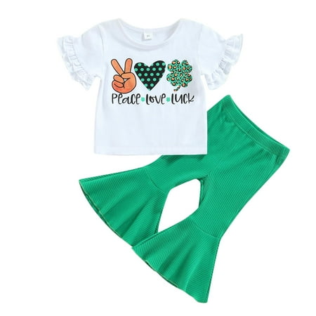 

Toddler Outfit Sets For Teens Girls Summer Short Sleeve Letter Prints Tops Pants 2Pcs For Babys Irish Festival Kids Clothes Suit