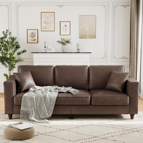 85 Inch 3 Seater Sofa Couch with Throw Pillows, Deep Seat Living Room Sofa, Faux Leather Upholstered Couch with Wood Legs,Brown