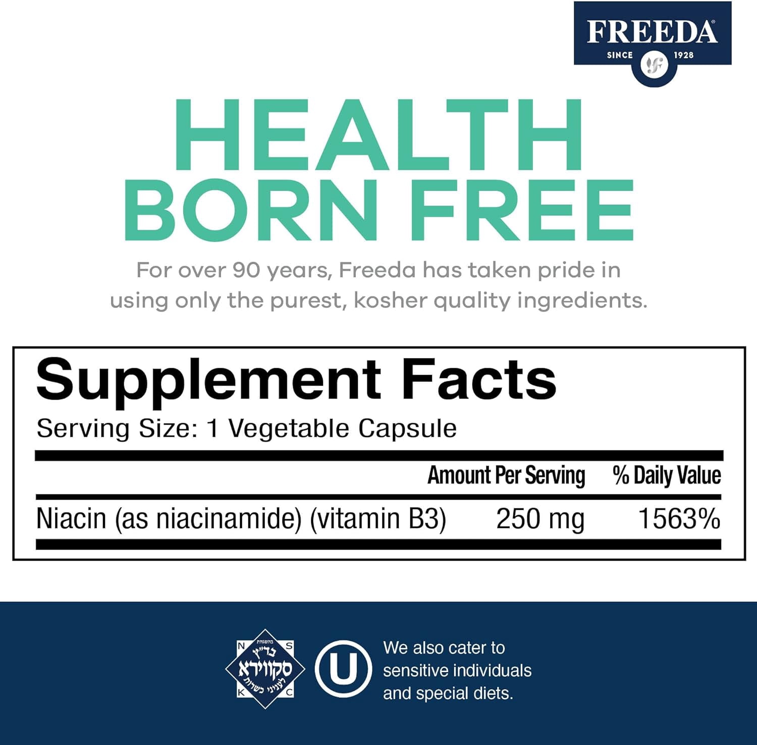 Freeda Niacinamide 250 mg – No Flush Vitamin B3 Supplement | Nicotinamide for Energy & Cell Support | Vegan, Gluten Free | 500 Capsules
