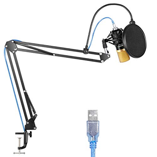 Black and Gold Neewer NW-7000 USB Condenser Microphone Kit for Windows and Mac with Metal Microphone Shock Mount Ball-Type Anti-Wind Foam Cap USB Audio Cable for Professional Studio Broadcasting 