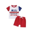 thumbnail image 2 of Aojekbee Toddler Boys 4th of July Shorts Sets Short Sleeve Letter Embroidery Tops Solid Color Shorts Sets, 2 of 10