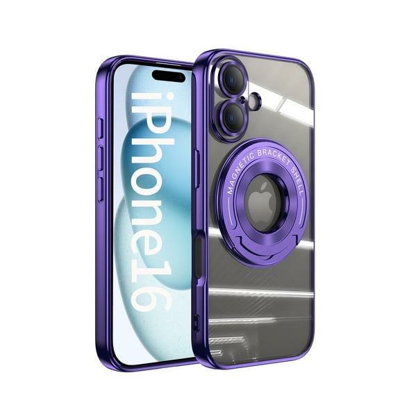 Allytechgroup Plating Frame Case for iPhone 16, Built-in Kickstand Support Wireless Cahgring Anti Yellowing Shockproof Magnetic Clear Back Cover for iPhone 16, Lightpurple