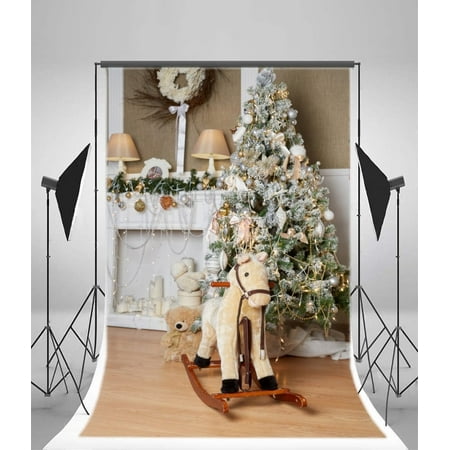 Image of MOHome 5x7ft Christmas Backdrop Decoration Tree Hobbyhorse Fireplace Lantern Garland Rustic Wood Floor Interior Photography Background Kids Children Adults Photo Studio Props