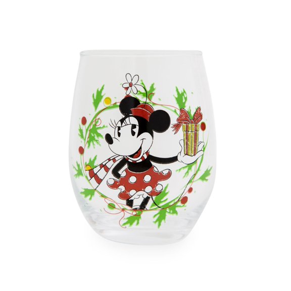Disney Minnie Mouse Christmas Wreath Stemless Wine Glass | Holds 20 Ounces
