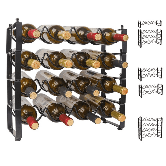 4 Tier Wine Bottle Holder, 16 Bottles Wine Storage, Wine Bottle Rack Stackable, Wine Storage Rack for Cabinet Pantry(Black, Version 1.0)