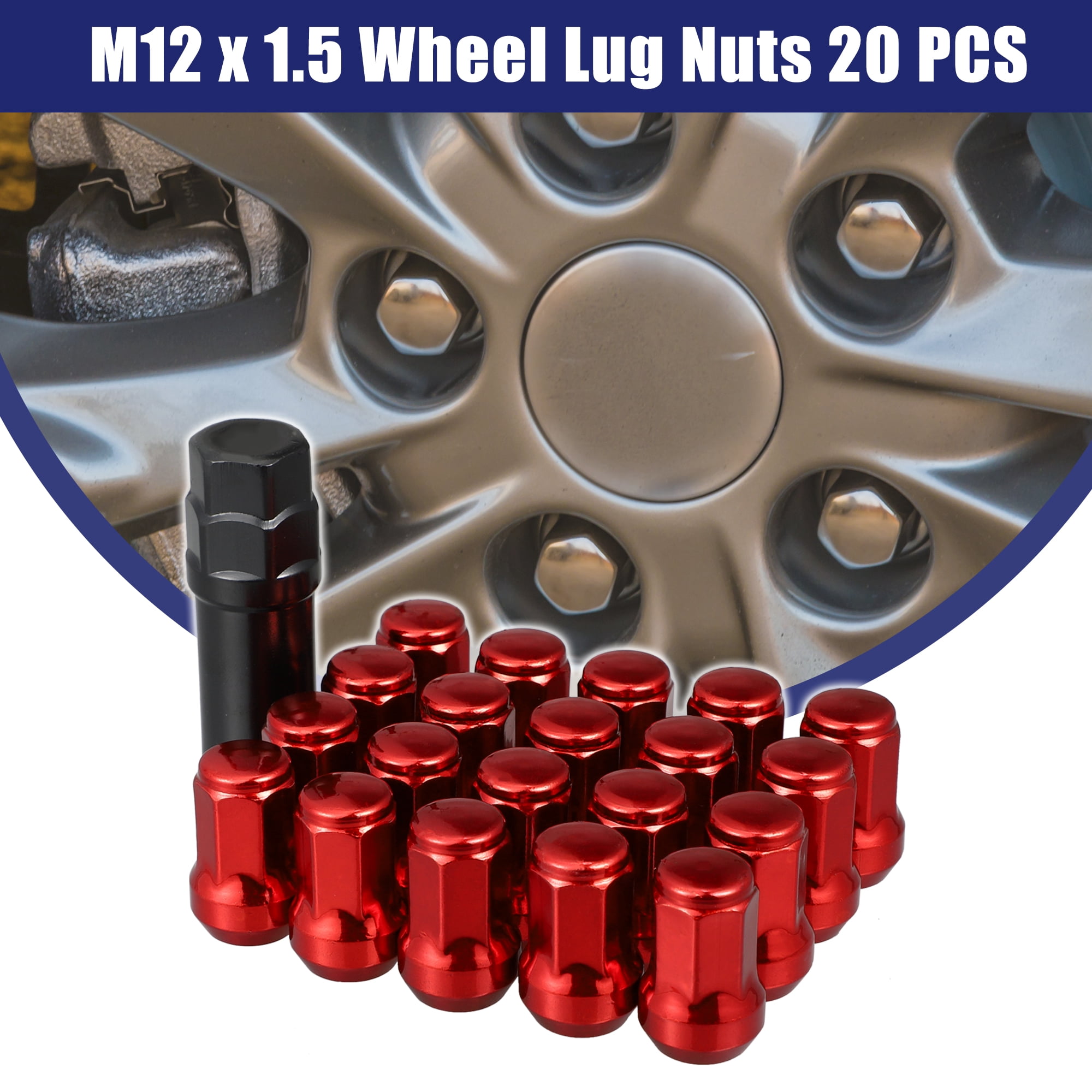 Unique Bargains 1 Set M12 x 1.5 Car Lug Nuts Cone Seat Closed End Bulge Acorn Hex Wheel Nut with Socket Key Red