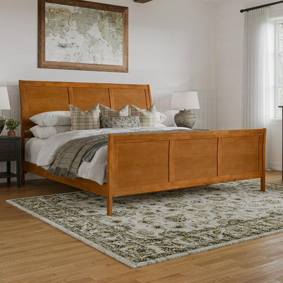 Portland King Low Profile Wood Platform Bed with Footboard in Light Toffee