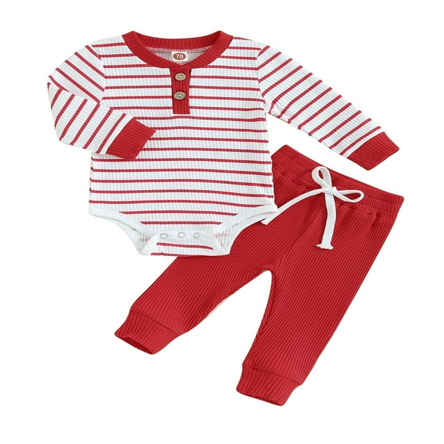 Newborn Baby Boys Girls 2PCS Clothes Sets Ribbed Long Sleeve Bodysuits Romper+Pants Toddler Outfits