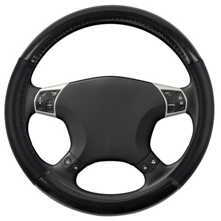 KM World Black 13.5-14.25 Inch PU Leather and Carbon Design Steering Wheel Cover With Precise Hand