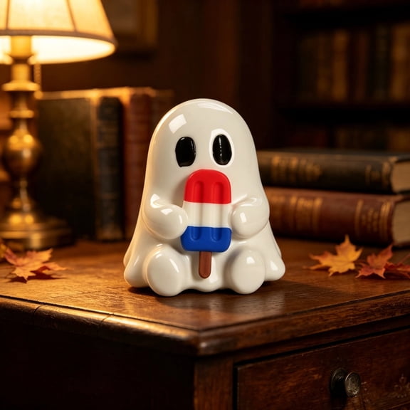 Halloween Gift Mini Ghost Decor Ornament, Adorable White Resin Ghost Holding Patriotic Popsicle, Small Tabletop Figurine for Halloween Party Office Desk Bedroom Shelf Decoration