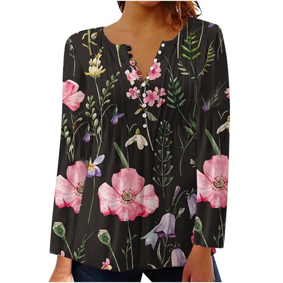 Lolmot Shirts for Women Casual Plus Size Fashion Spring Summer Fall Sexy Fold Printed Regular Long Sleeves V Neck Button Pullover Top