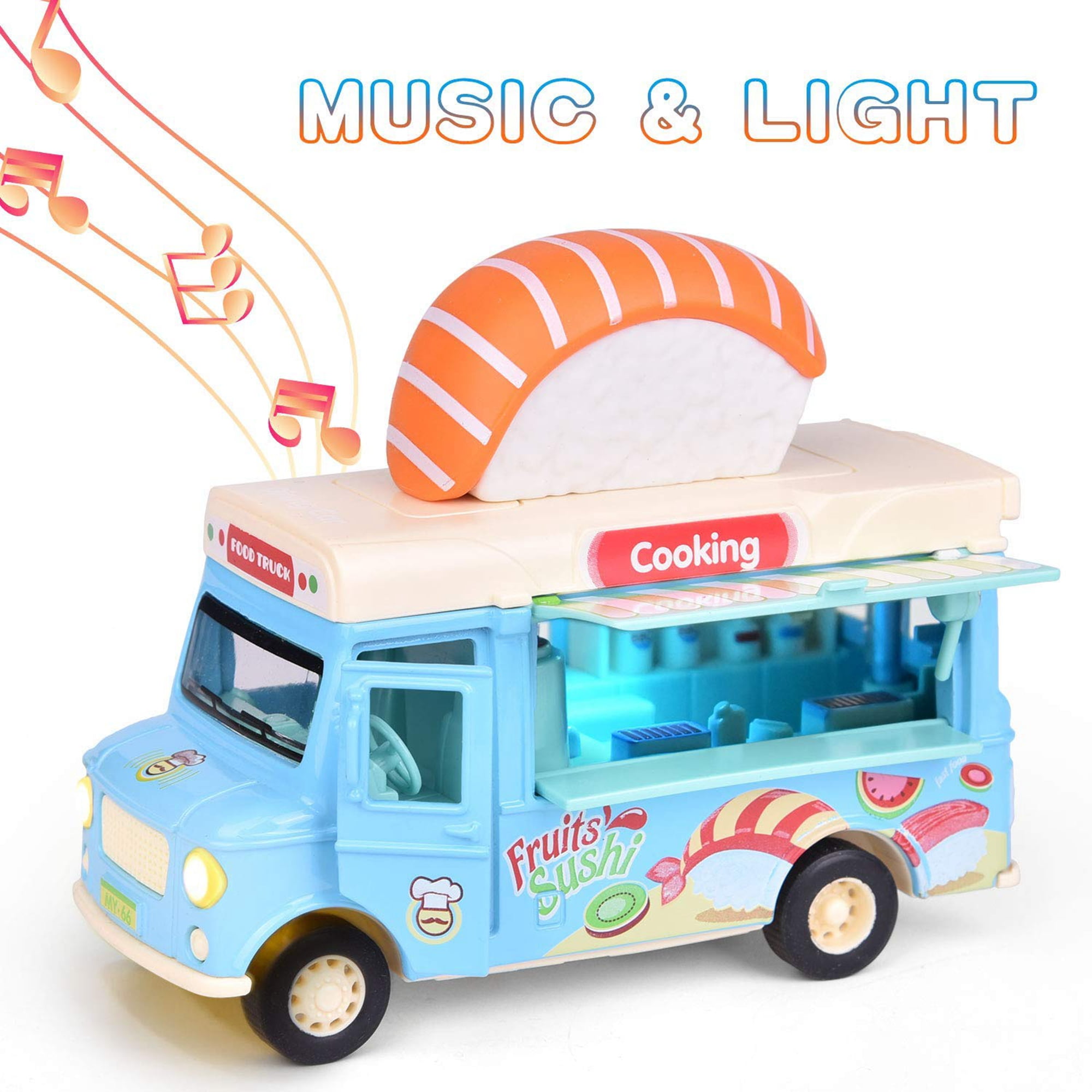 2 Pcs Play Food Bus，Food Truck Vehicle Toy Car with Music & Light and