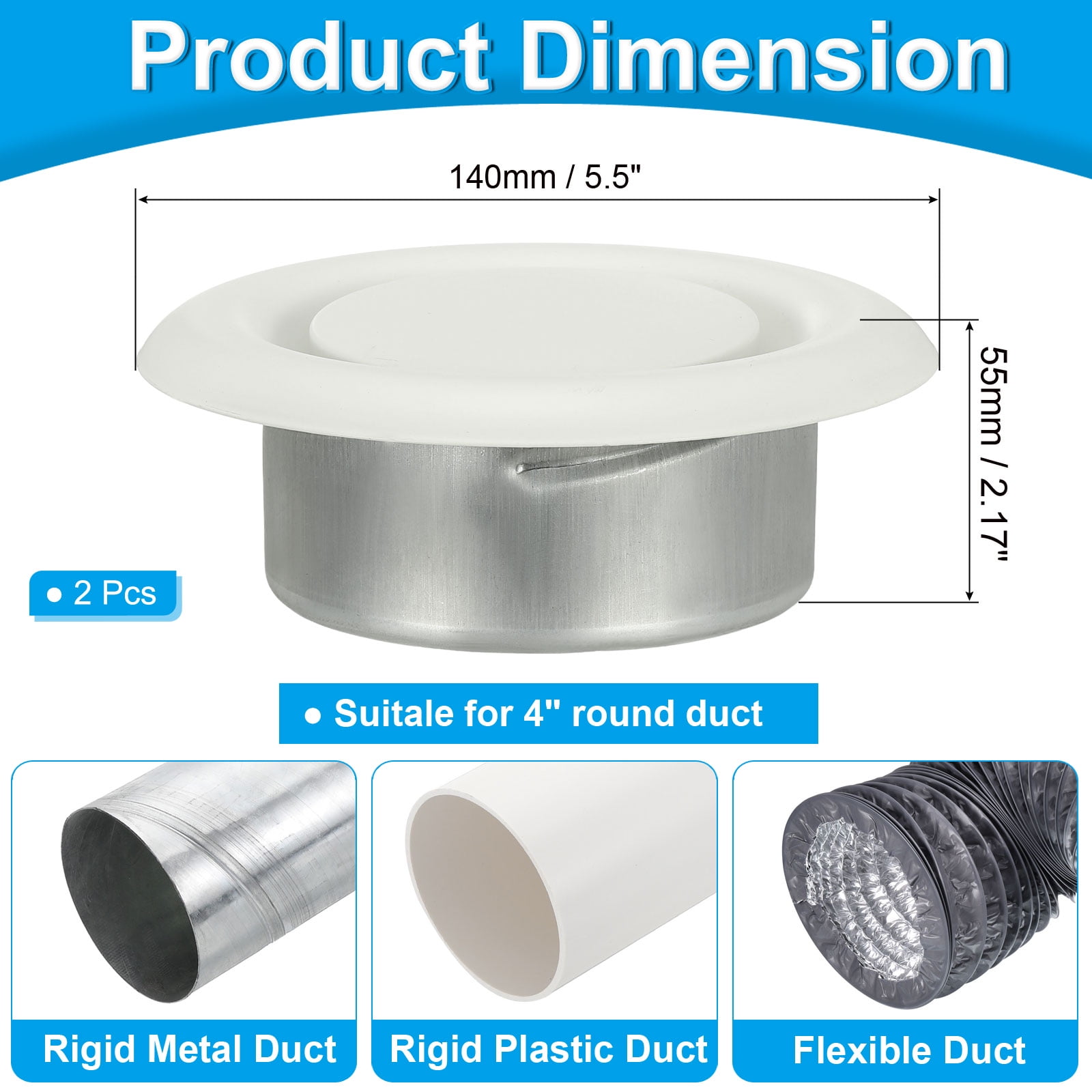 Uxcell Round Ceiling Diffuser Metal Adjustable Wall Air Vent Diffuser Vent Duct Cover Exhaust Supply 4 Inch White