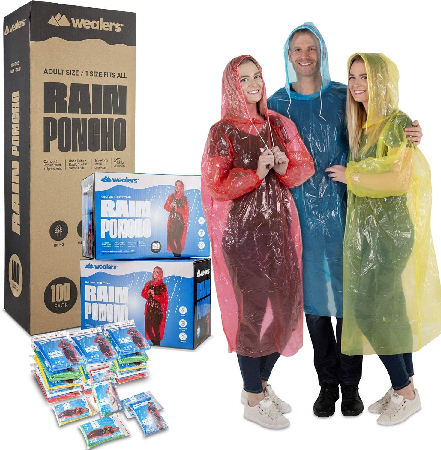 Wealers Rain Poncho Bulk Pack Disposable Ponchos Adults Emergency