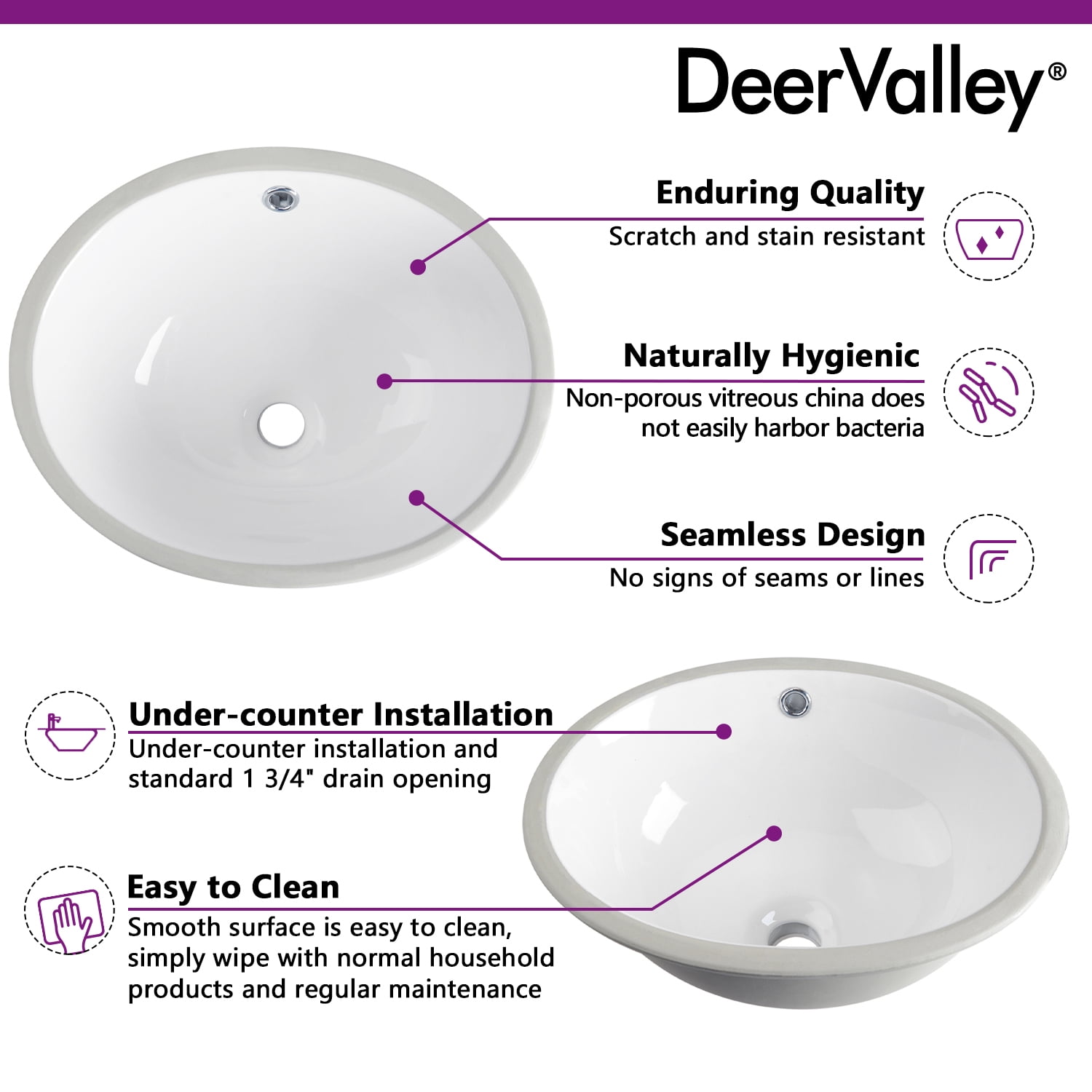 DeerValley DV-1U303 Oval Ceramic Undermount Bathroom Sink with Overflow Hole in White 18" L x 15" W