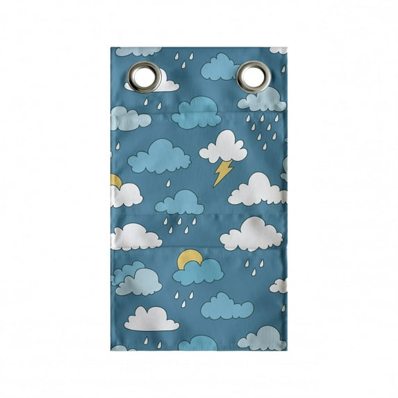 Cartoon Hanging Pocket Organizer, Raindrops Clouds with Sun Stormy Weather Thunder Lightning Sky Items, Printed Polyester Storage Bag with Pockets, 9" x 27", Sea Blue White Mustard