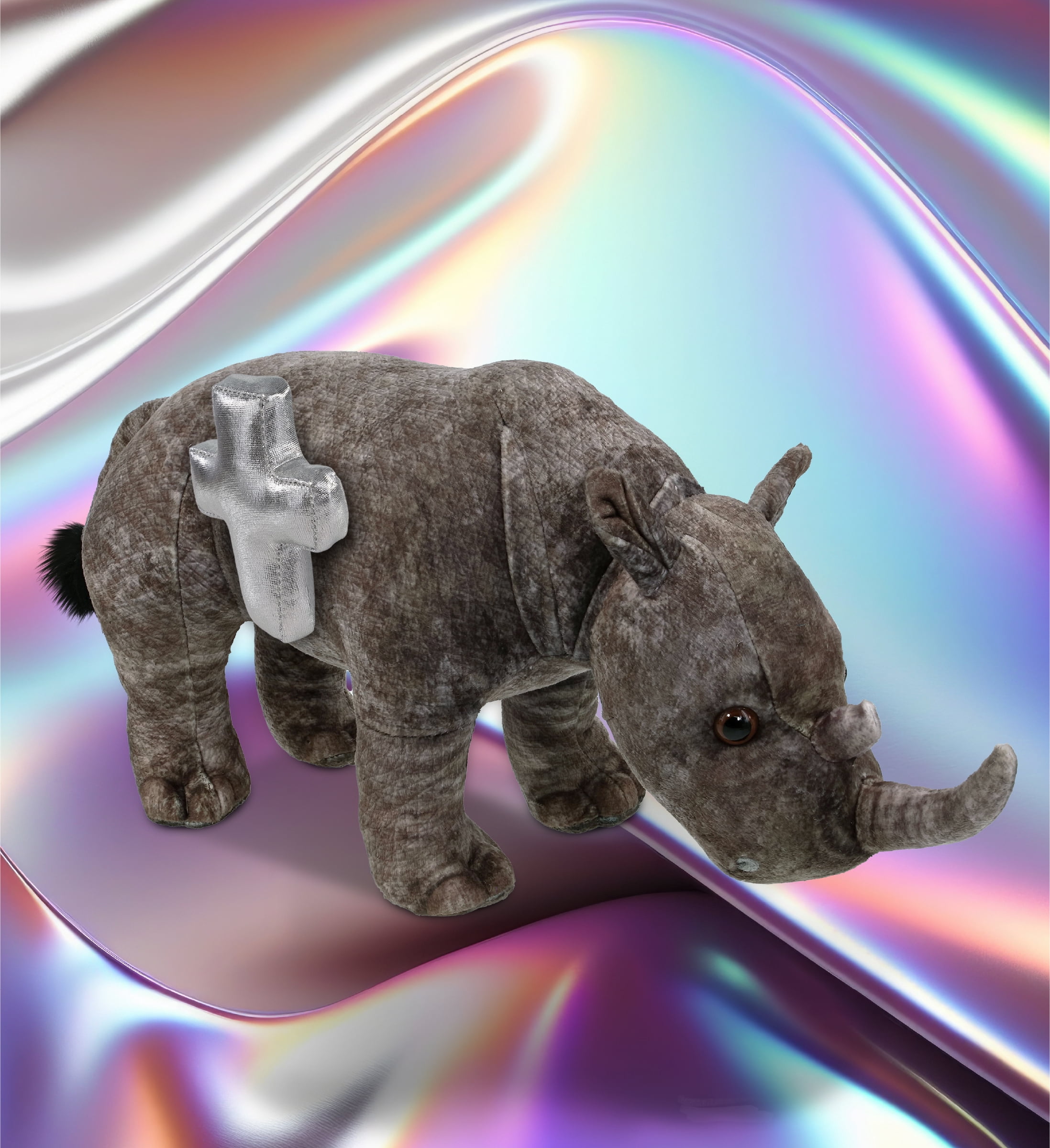 DolliBu Wild Collection Rhino Stuffed Animal with Silver Cross Plush - Baptism Gifts for Boys and Girls, Dedication Christening Gifts Plush Prayer Toy Healing Stuffed Animal - 15 Inches