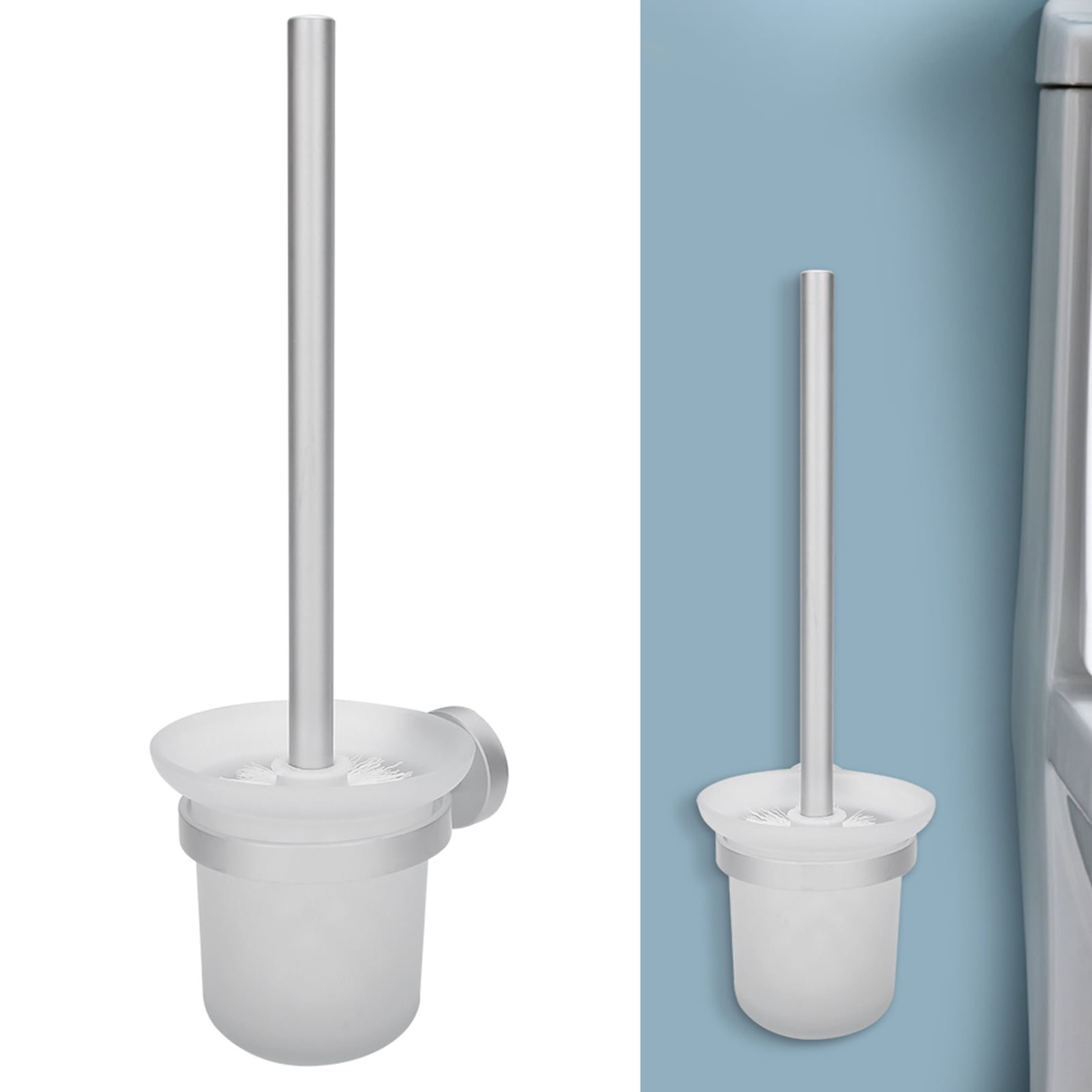 NFTIGB Space Aluminum Wall Mounted Toilet Brush and Holder Set, Matte Finish Ceramic Cup, Modern Bathroom Cleaning Tool Accessories with Ergonomic Handle, 9.8 inches / 25 cm Rod, Compact Size