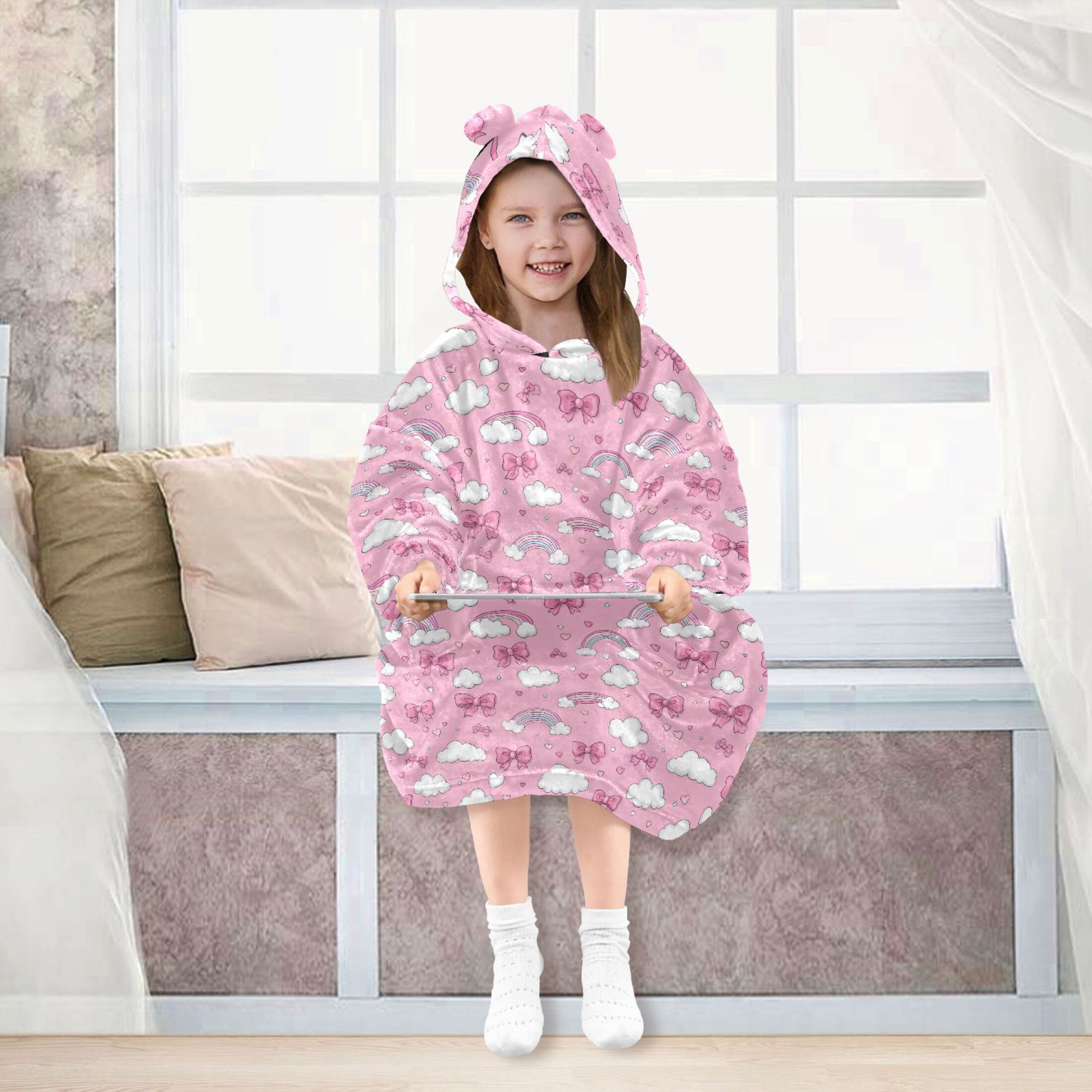 Wearable Blanket Hoodie for Kids Clouds Love Rainbow Bow Flannel Hooded Blanket with Pockets and Sleeves Suitable for Boys and Girls