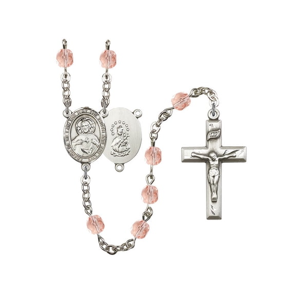 Scapular Silver-Plated Rosary 6mm October Pink Fire Polished Beads Crucifix Size 1 3/8 x 3/4 medal charm