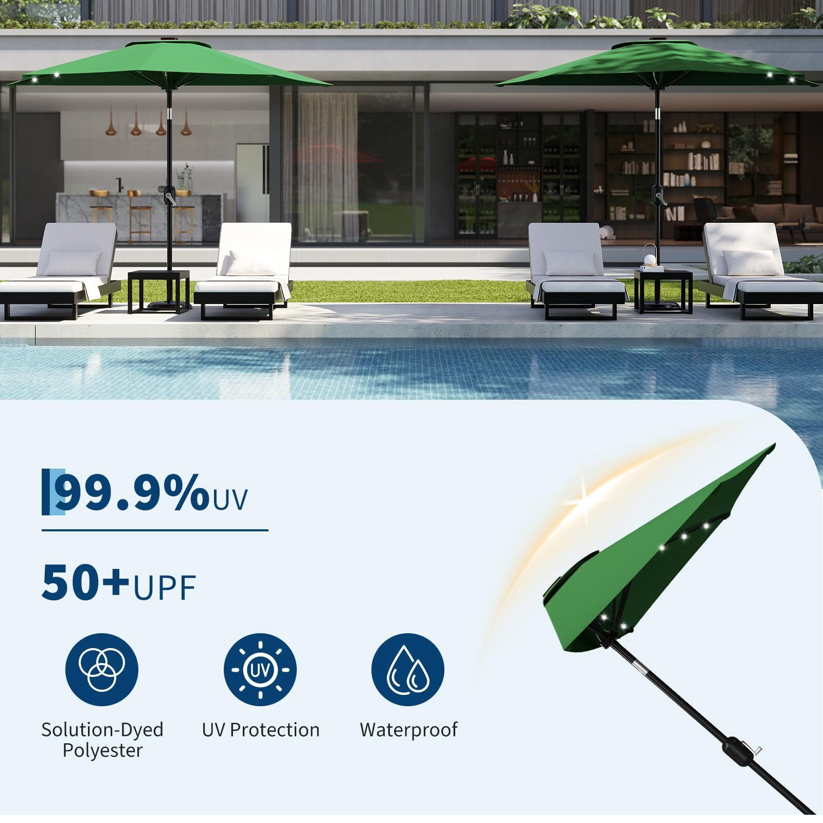 Emorefun 9ft Half Umbrella for Patio, Canopy Umbrella with Solar LED Lights and Crank Lift, Dark Green