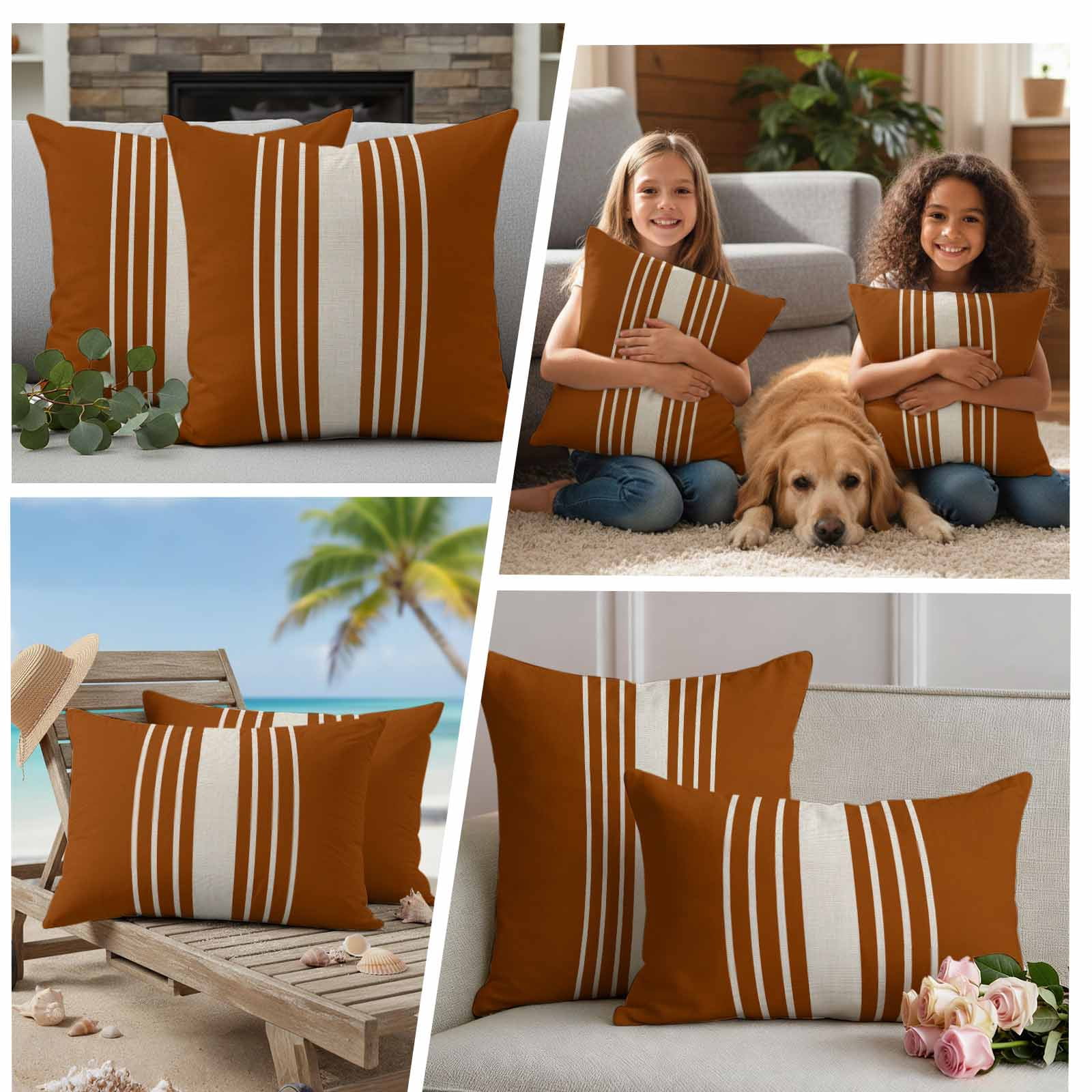 Burnt Orange Beige Striped Outdoor Waterproof Pillow Covers, Modern Farmhouse Retro Lines Decorative Square Throw Pillowcase Sofa Cushion Sham for Patio/Couch/Chair, 20"x20" 2 Pack