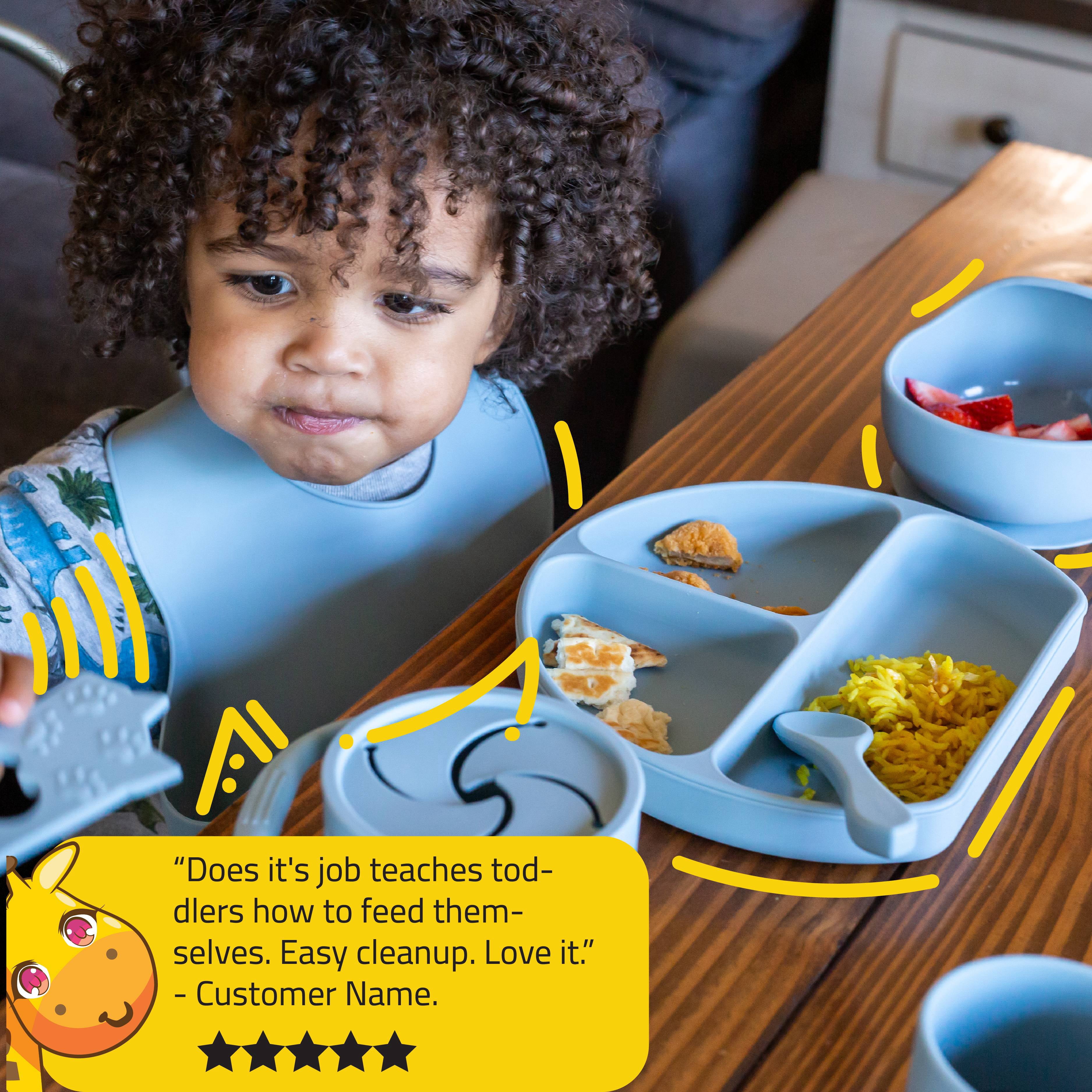 Muqee Peeko Carolina Blue Silicone Baby and Toddler Self-Eating food Plates Set with Utensils (8 Piece Set)