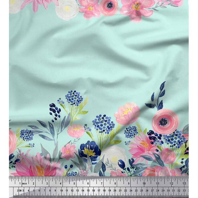 Soimoi Tissu Satin Lourd Vert Ranunculus & Chrysanthème Décor Floral Tissu Imprimé Yard 56 Pouces de Large