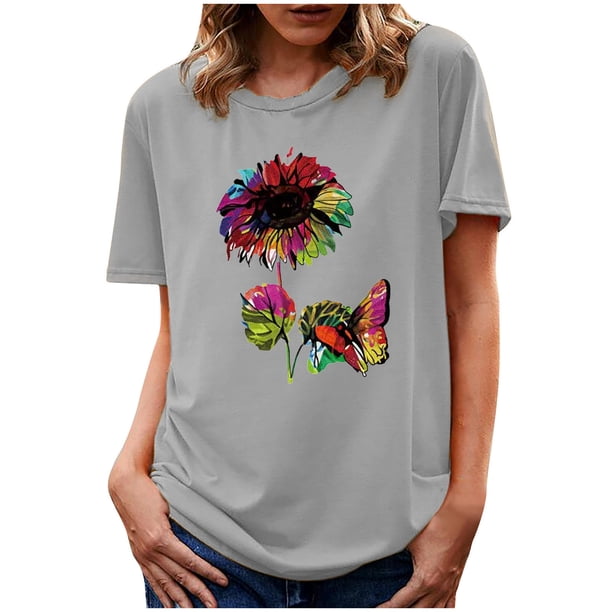 Blusa informal de manga corta con cuello redondo y estampado de verano a la moda para mujer Pompotops hfajkhk135530