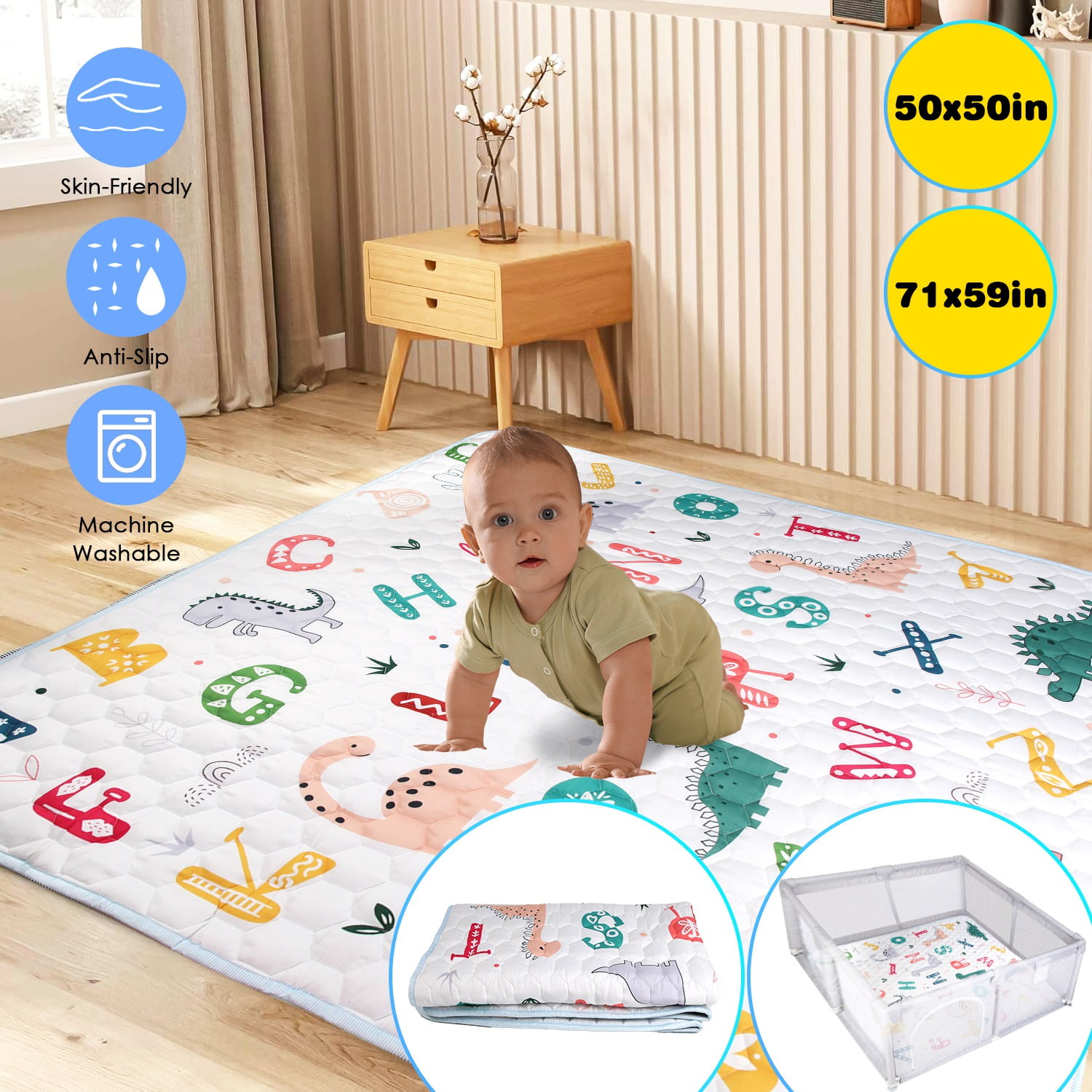 Moclever Baby Play Mats for Floor, 50x50'' Non-Slip Baby Crawling Mat Foldable Playpen Mat Machine Washable for Newborns Infants Babies Toddlers