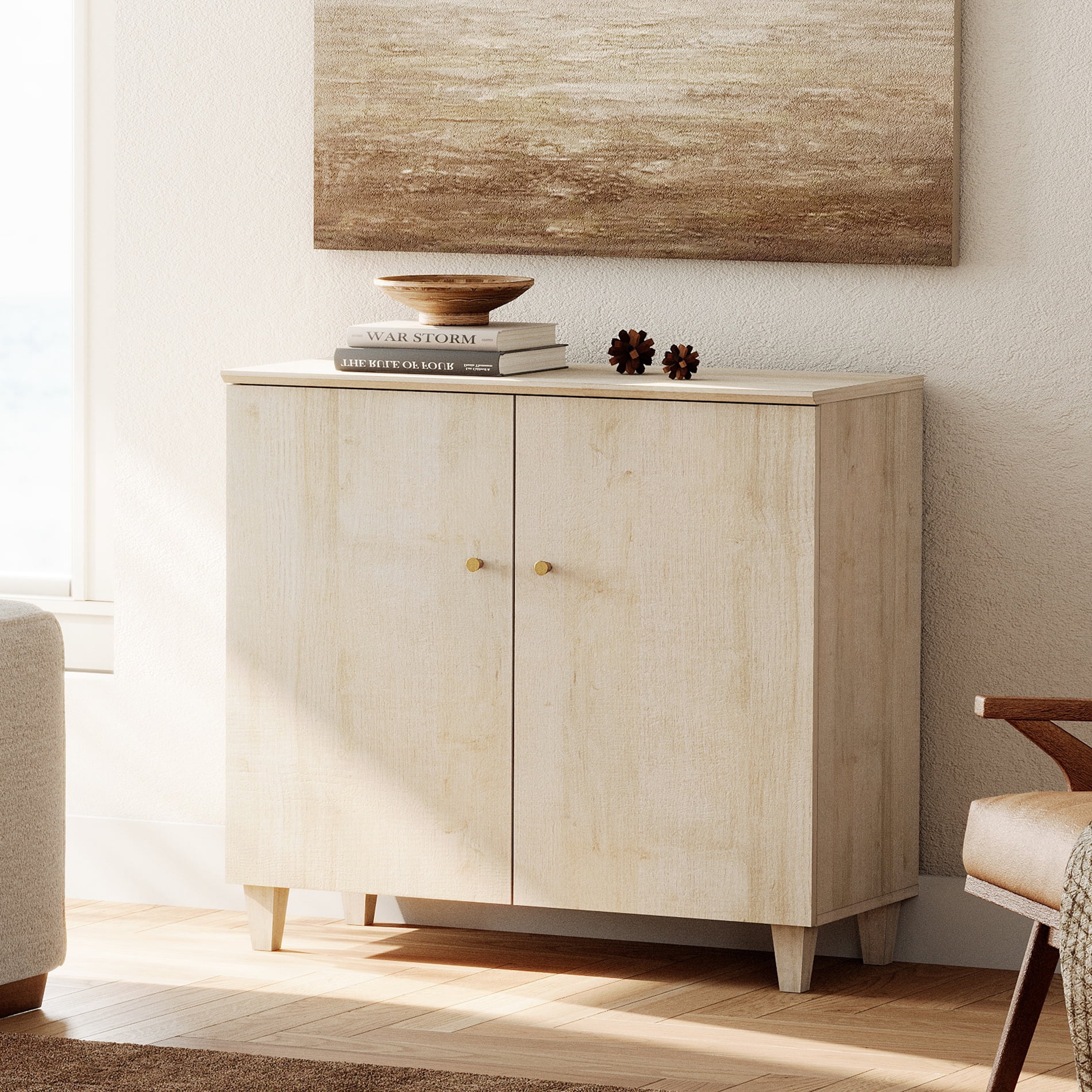 Set of 2 Storage Cabinet with 2 Doors, Modern Accent Cabinets with Solid Wood Legs, Anti-tip Kits, for Living Room, Dining Room Bedroom Hallway, Natural Oak