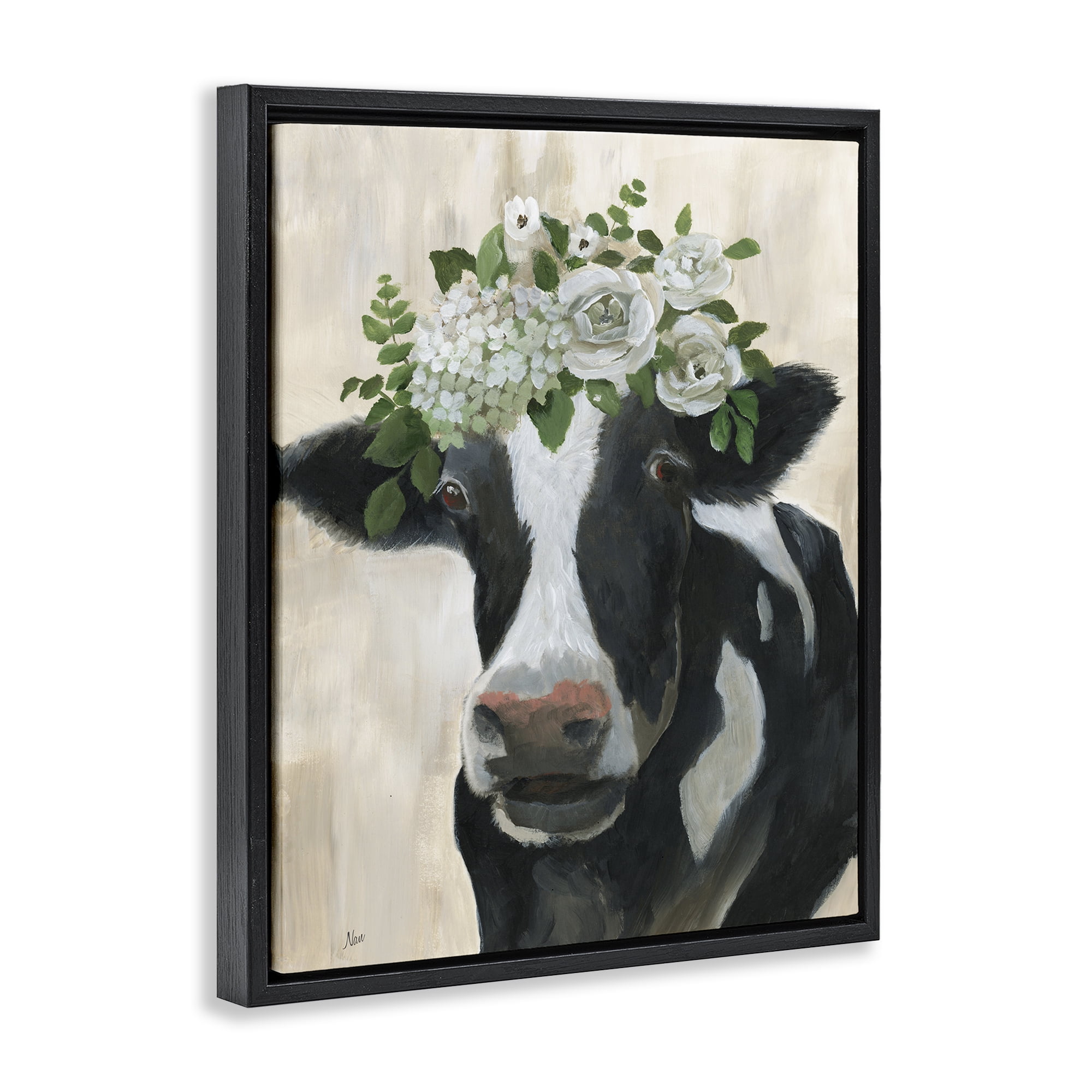 Stupell Industries Floral Crown Cow Animals & Insects Painting Black Floater Framed Canvas Art Print Wall Art, 25 x 31