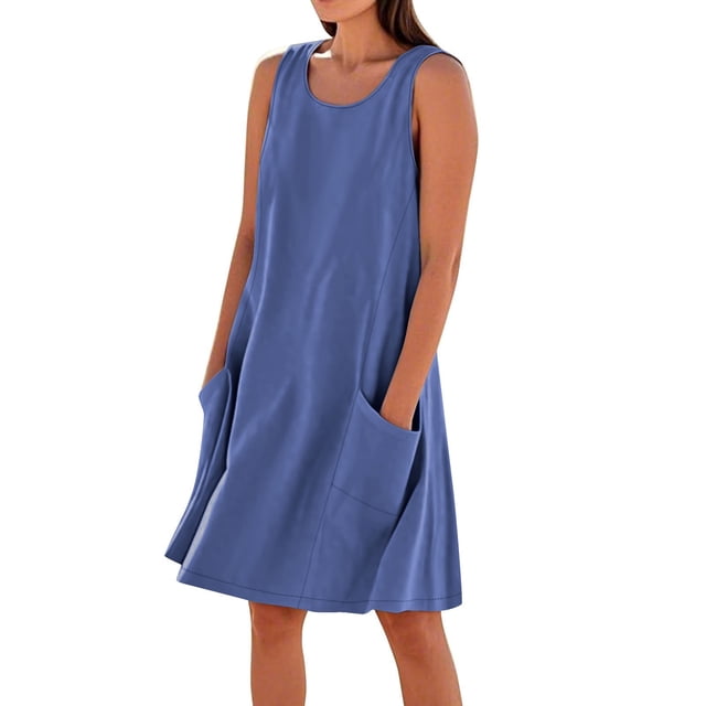 Hyknon Robe d'Été en Coton et Lin pour Femme, Décontractée, Coupe Ample, Robe de Plage, Grande Taille, Mini-Robe Débardeur avec Poches, P-3TG