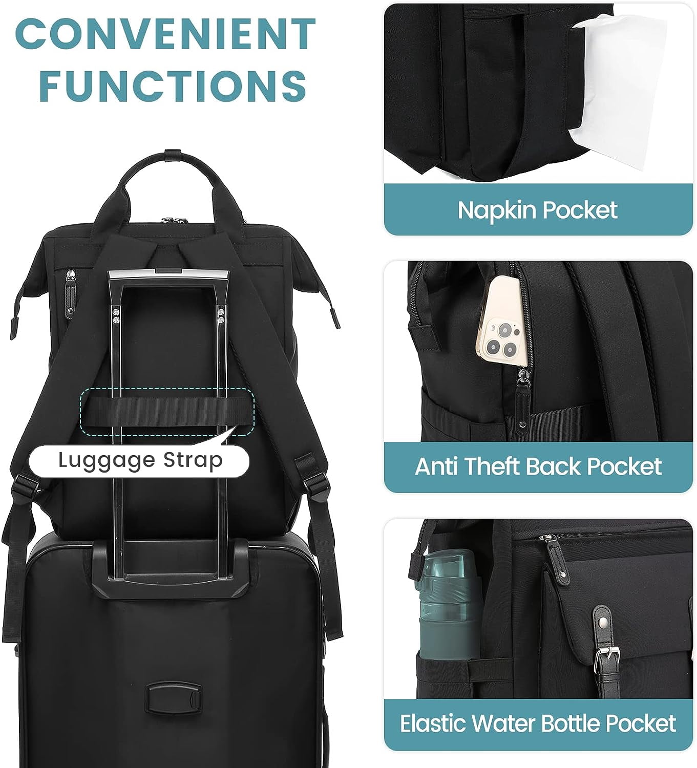 Lovevook Laptop Backpack for Women 15.6",Cute Work Travel Commuter Daypack,Nurse Doctor Teacher Backpack Purses College Computer Bookbag-Black
