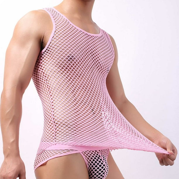 pstuiky Camisetas sin mangas para hombre, Camiseta de tirantes de cuello redondo en forma de I hueca de malla de color liso para hombre Camisas de hombre xl