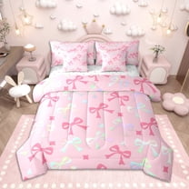 Homewish Kawaii Bowknot Twin Bedding Sets 7-Piece for Kids Girls, Gradient Bow Ribbon Bedding Comforter Set, Cute Stars Sheet Sets, Breathable Home Decor