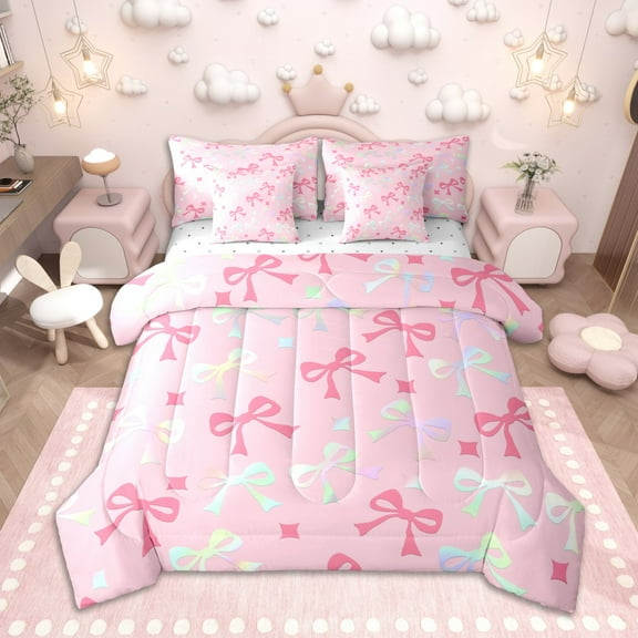 Homewish Kawaii Bowknot Twin Bedding Sets 7-Piece for Kids Girls, Gradient Bow Ribbon Bedding Comforter Set, Cute Stars Sheet Sets, Breathable Home Decor