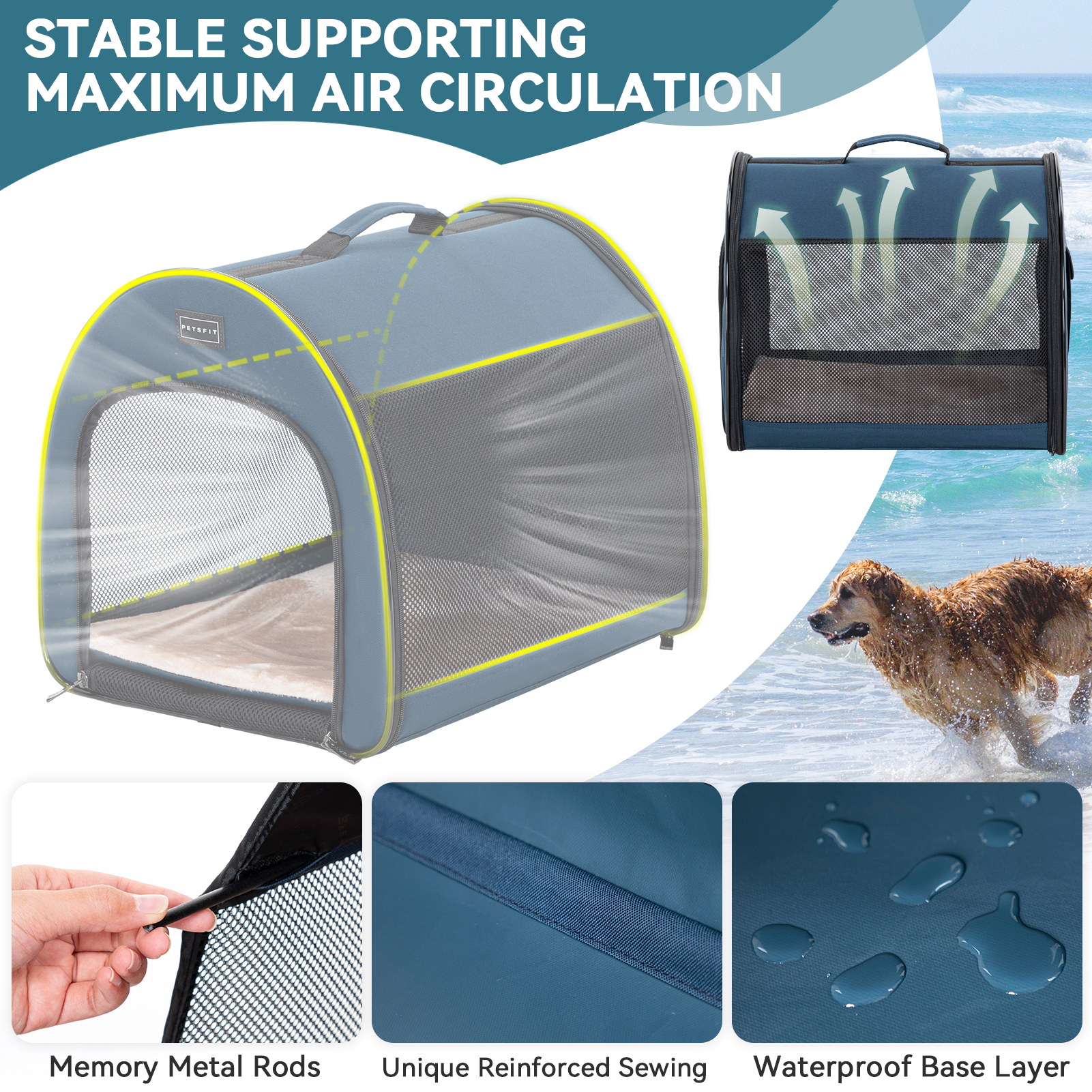 PETSFIT Soft Sided Dog Crate, Travel Dog Crate - 19 Inch Lightweight, Roomy, Easy to Set Up, Portable Pop Up Dog Carrier with Thick Mat, Sturdy Portable Dog Crate，Navy Blue，Small