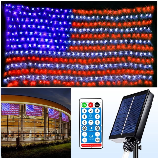 Cadena de luces solares con bandera estadounidense Decute, 420 LED, 201 x 101 cm