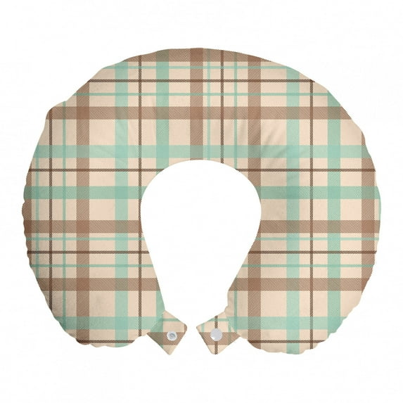 Abstract Travel Pillow Neck Rest, Tartan Motif Scottish Fashion Dated Traditional Folk Design, Memory Foam Traveling Accessory Airplane and Car, 12", Mint Green Beige Umber, by Ambesonne