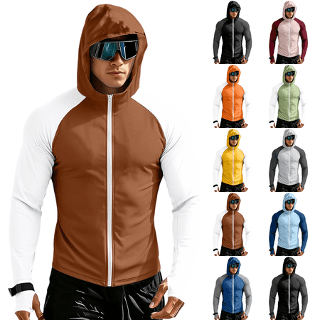 Men s UPF 50+ Sun Protection Color Block Full Zip Hoodie Jacket Long Sleeve Thumb Hole Fishing Hiking Performance Shirt Brown 3XL