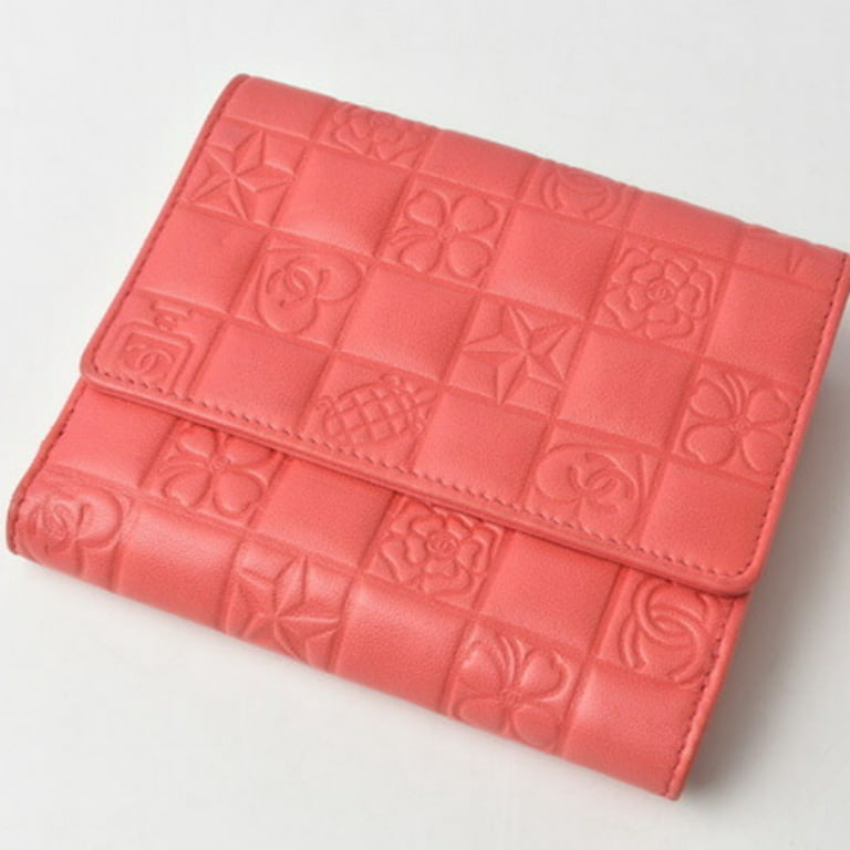 Pre-Owned Chanel wallet CHANEL folding lambskin icon coral pink (Good) 