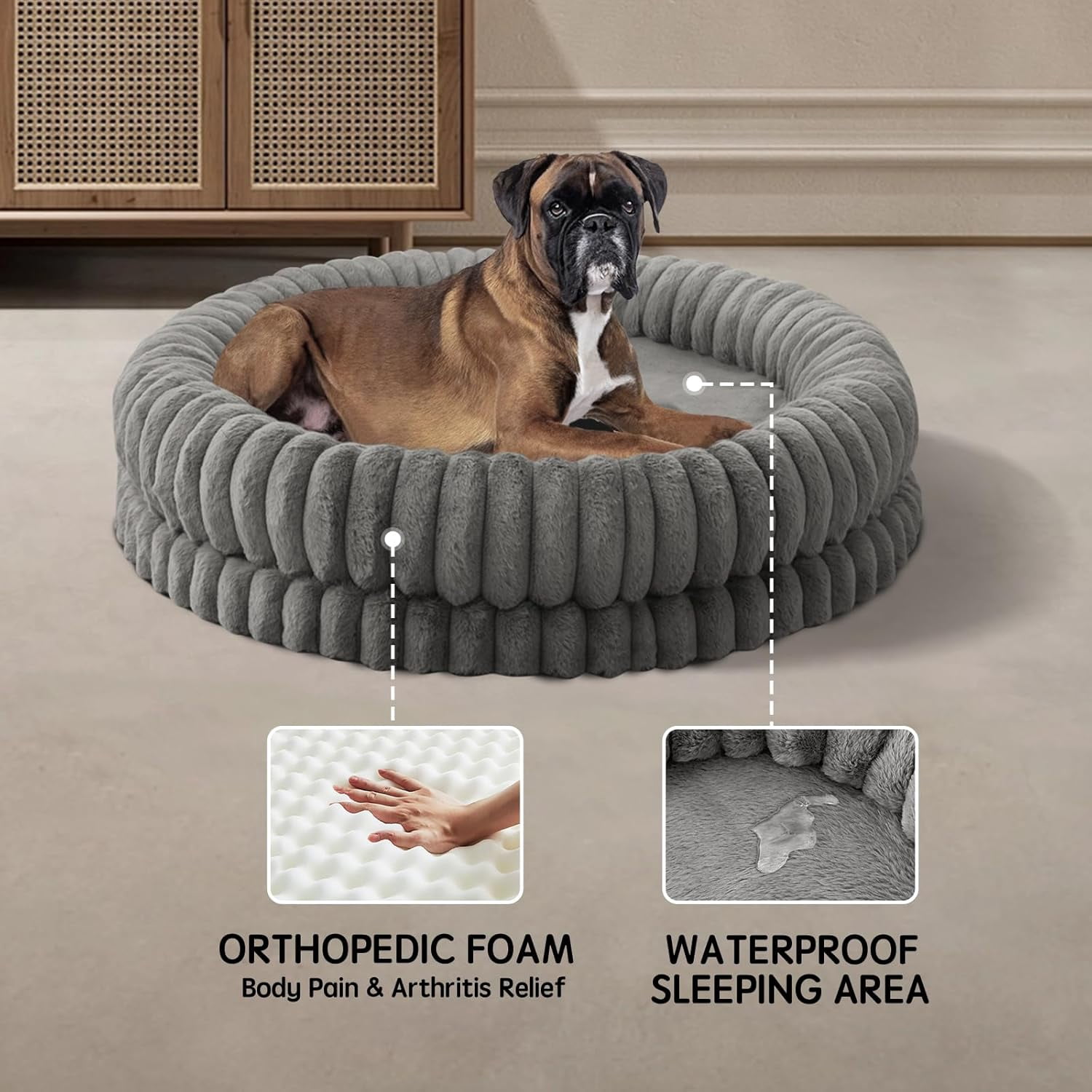 Luxury Donut Dog Bed, 43 Inches Round Dog Beds Large Sized Dogs Washable, Orthopedic Calming Dogs Bed for Pets with Anti-Slip Bottom, Gray