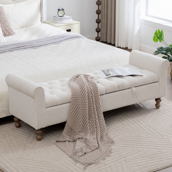 S-HOME 65.75" Wide Modern Upholstered Storage Bench with Double Lids Rolled Armrests and Rubberwood Legs for Living Room or Bedroom, Beige