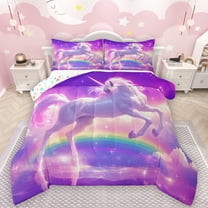 Manfei 3D Magic Unicorn Full Size Comforter Sets,Colorful Rainbow Bedding Comforter Set,Purple Pink Ombre Bedding Sets For Girl,Microfiber Bedroom Decor Reversible,3pcs