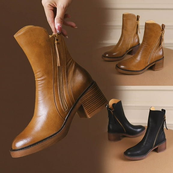 Juebong Women's Side Zipper Ankle Boots Almond Toe Fashion Low Chunky Block Heel Lug Sole Fall Booties Shoes Brown,37